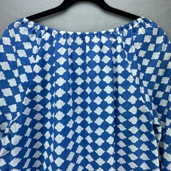 Talbots Top Womens Medium Blue White Pullover Linen Elastic Tie Hem 3/4 Sleeve - Picture 5 of 14